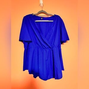 SHEIN Blue Flutter Sleeve Wrap Peplum Blouse